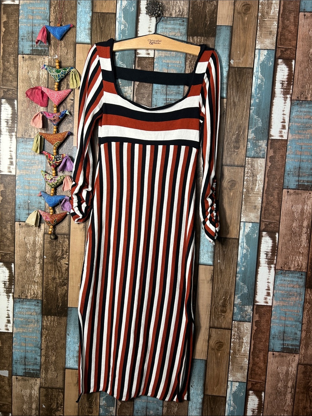 Maeve Vertical Stripe Midi Dress in Rust, Black & White
